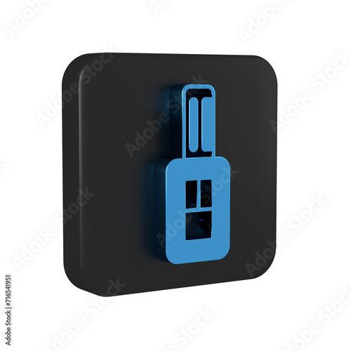 Blue Car key with remote icon isolated on transparent background. Car key and alarm system. Black square button.