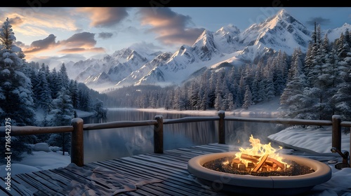 landscape with lake, a fire pit sitting on top of a wooden deck next to a forest covered mountain range with snow covered mountains