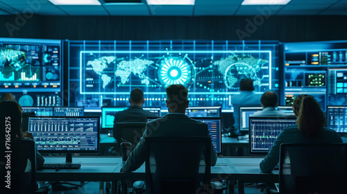 A network security team in a high-tech control room monitoring screens for potential cyber threats, with graphical representations of network protection and firewalls The scene depicts the proa photo