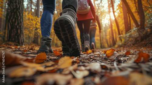 walking in the woods,  Group of tourists walks along the path of the autumn forest. Feet close-up, Ai generated image  © FH Multimedia