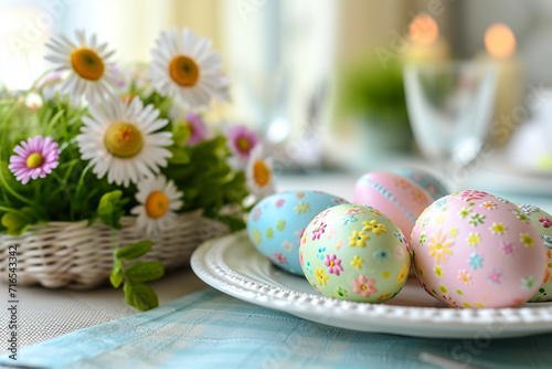 festive Easter table setting of colored eggs on a plate, compositions of spring delicate flowers in a wicker basket, the concept of Easter design and greeting cards