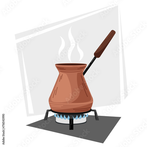 Vector illustration of a copper pot with a wooden handle in which coffee is brewed over a fire. Illustration of breakfast, food, drinks. Kitchenware. Equipment for preparing aromatic drinks.