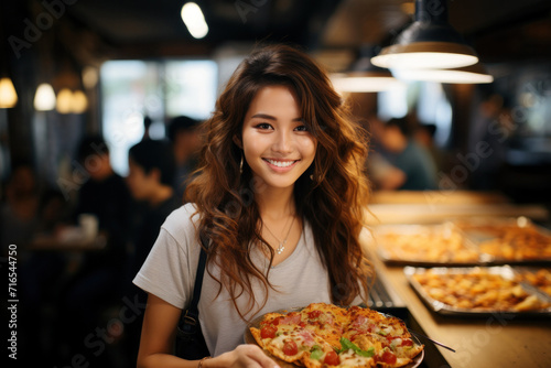 A young woman preparing and serving a delicious and healthy pizza in a restaurant, showcasing her cooking skills and joyful demeanor.