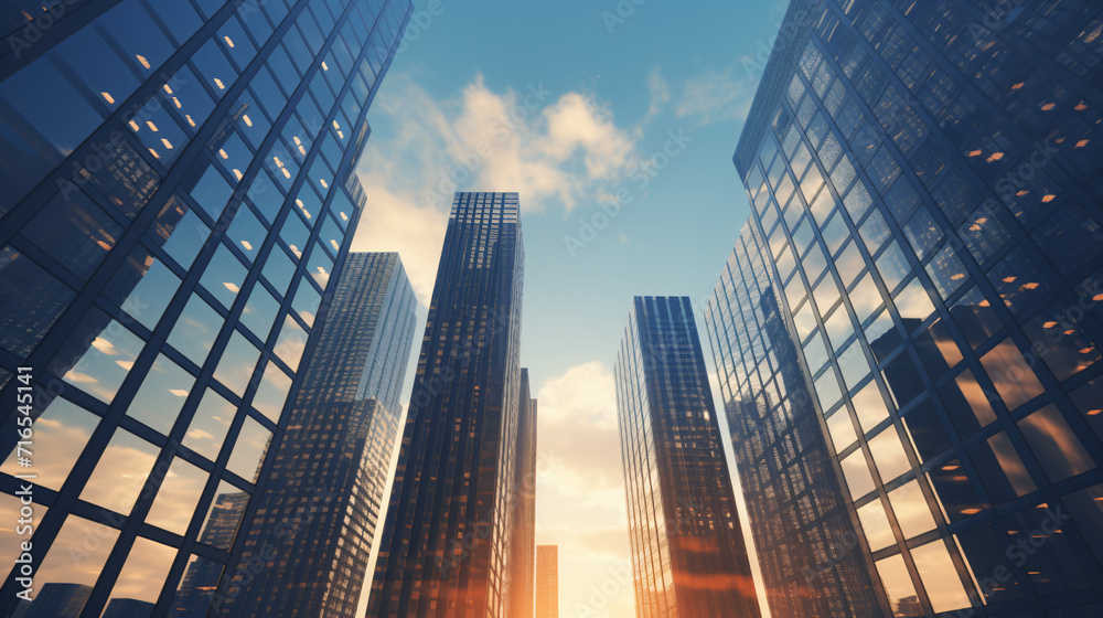 Reflective skyscrapers business office buildings