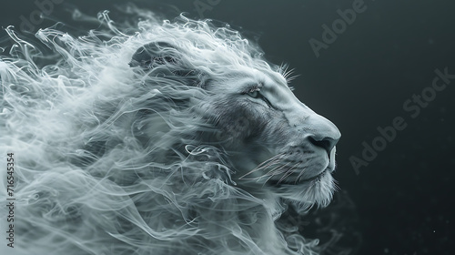 close-up, lowered head, a lion made of smoke, floating in the air
