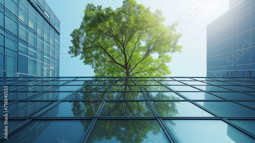 modern office buildings, office building, Sustainble green building. Eco-friendly building. Sustainable glass office building with tree, Ai generated image 