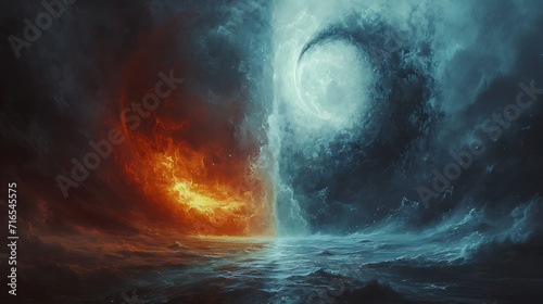 Fire and water - Elemental Clash: Illustrating the Dynamic Encounter of Opposing Elemental Forces, Unleashing Raw Power and Energy