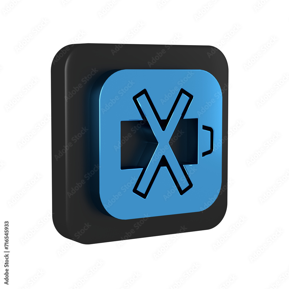 Blue Battery charge level indicator icon isolated on transparent background. Black square button. Blue Battery charge level indicator icon isolated on transparent background. Black square button.