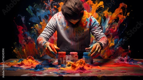 A person painting a colorful picture with paint splatters on their clothes and hands