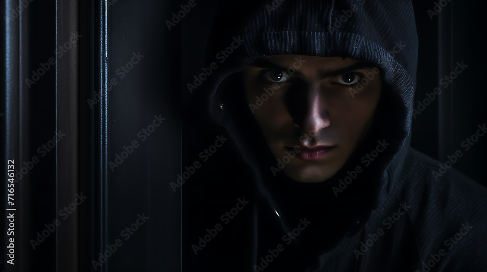 Undercover Intrigue: Man in Black Hoodie Concealed Behind the Door, Embracing the Aesthetic of Auto Body Works and Dazzling Chiaroscuro, Evoking a Mysterious Burglar Vibe Undercover Intrigue: Man in Black Hoodie Concealed Behind the Door, Embracing the Aesthetic of Auto Body Works and Dazzling Chiaroscuro, Evoking a Mysterious Burglar Vibe