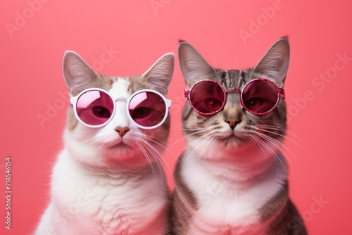 Two beautiful cats in sunglasses look at the camera on a pink background close-up. Postcard with animals for Valentine's Day. Love concept. Happy together. LGBT community party. Pet birthday