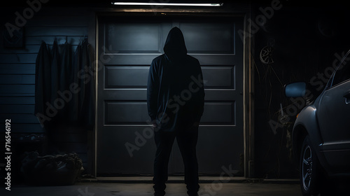 Undercover Intrigue: Man in Black Hoodie Concealed Behind the Door, Embracing the Aesthetic of Auto Body Works and Dazzling Chiaroscuro, Evoking a Mysterious Burglar Vibe