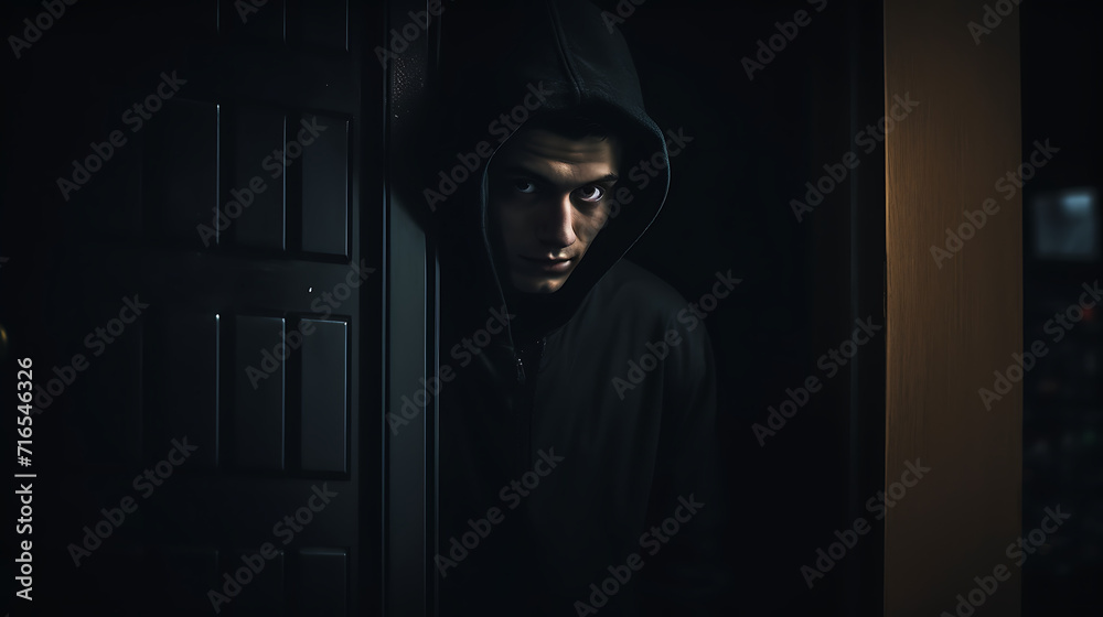Undercover Intrigue: Man in Black Hoodie Concealed Behind the Door, Embracing the Aesthetic of Auto Body Works and Dazzling Chiaroscuro, Evoking a Mysterious Burglar Vibe Undercover Intrigue: Man in Black Hoodie Concealed Behind the Door, Embracing the Aesthetic of Auto Body Works and Dazzling Chiaroscuro, Evoking a Mysterious Burglar Vibe