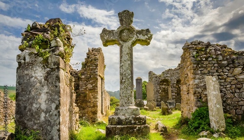 Stone Cross Amidst Ruins: A stone cross standing amidst ancient ruins.
