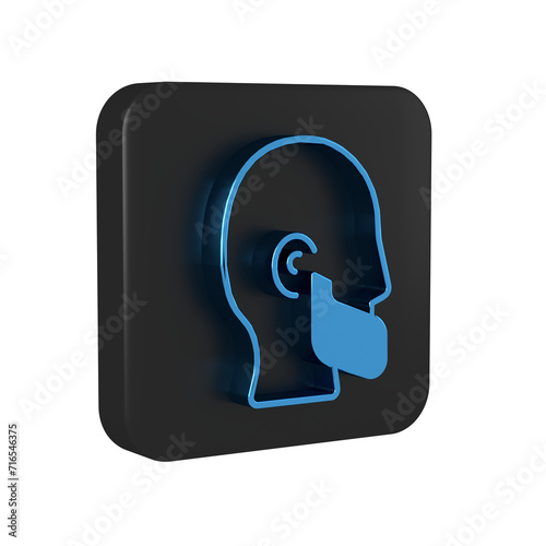 Blue Mustache and beard icon isolated on transparent background. Barbershop symbol. Facial hair style. Black square button.
