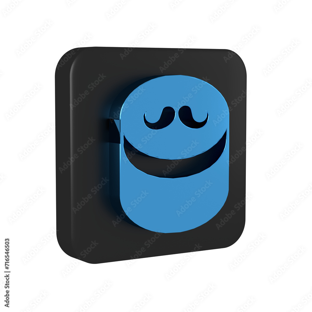 Blue Gel or wax for hair styling icon isolated on transparent background. Hair cosmetic. Jar with product for styling hair and mustache. Black square button. Blue Gel or wax for hair styling icon isolated on transparent background. Hair cosmetic. Jar with product for styling hair and mustache. Black square button.