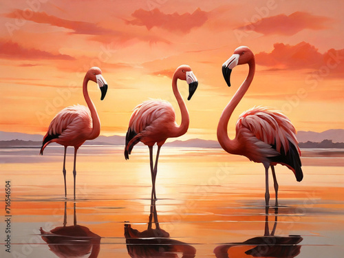 golden hour ballet: flamingos in sunset