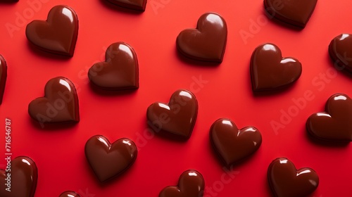 Chocolate heart shaped candies on red background. Top view.