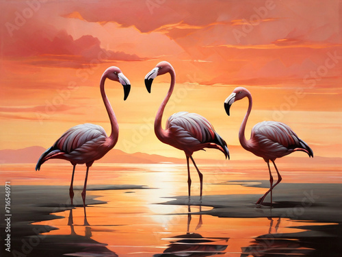 sunset reverie  flamingos in golden hues