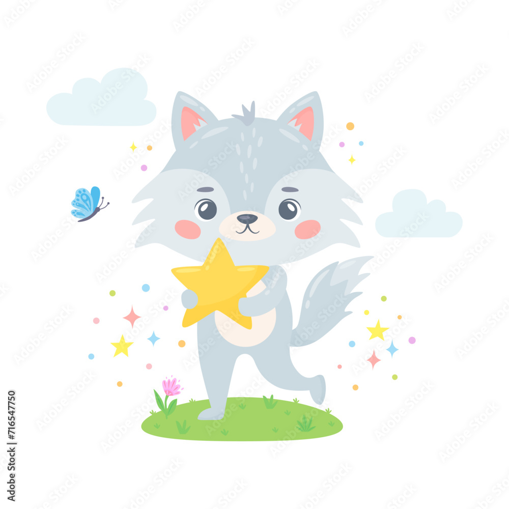Cute running wolf holding a star. Little pup with butterfly, clouds, stars. Forest baby animal. Funny childish character for greeting card, poster, kid clothing, cover, invitation or print design