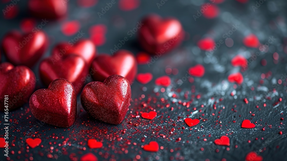 Red chocolate hearts for Valentine's day on a dark concrete background Red chocolate hearts for Valentine's day on a dark concrete background
