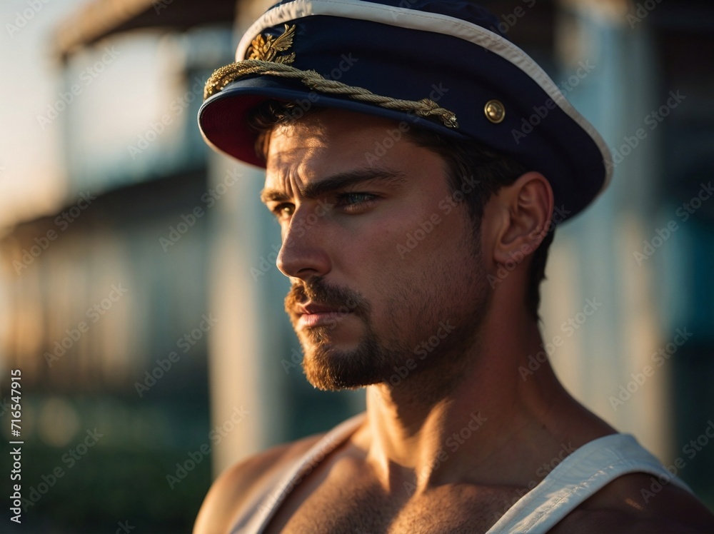 Man in Sailors Hat Gazes Into Distance. Generative AI.