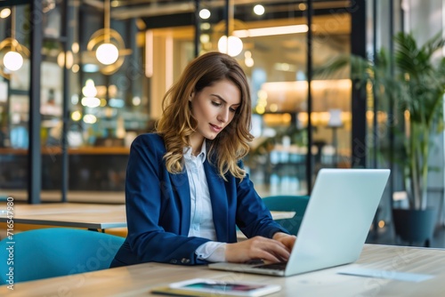 Female business employee in a blue suit uses a laptop