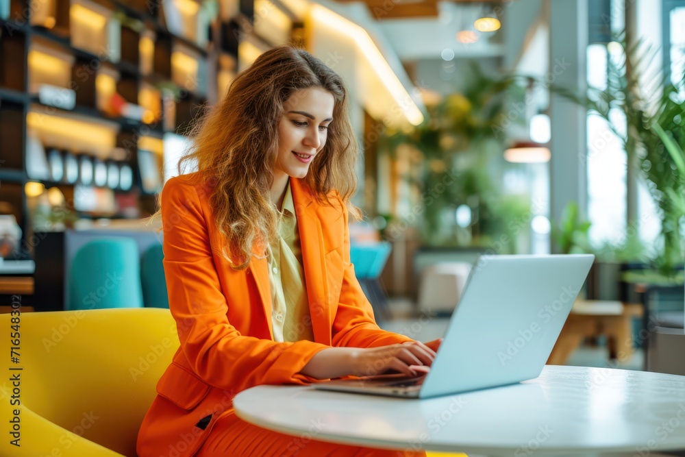 Female business employee in an orange suit uses a laptop Female business employee in an orange suit uses a laptop