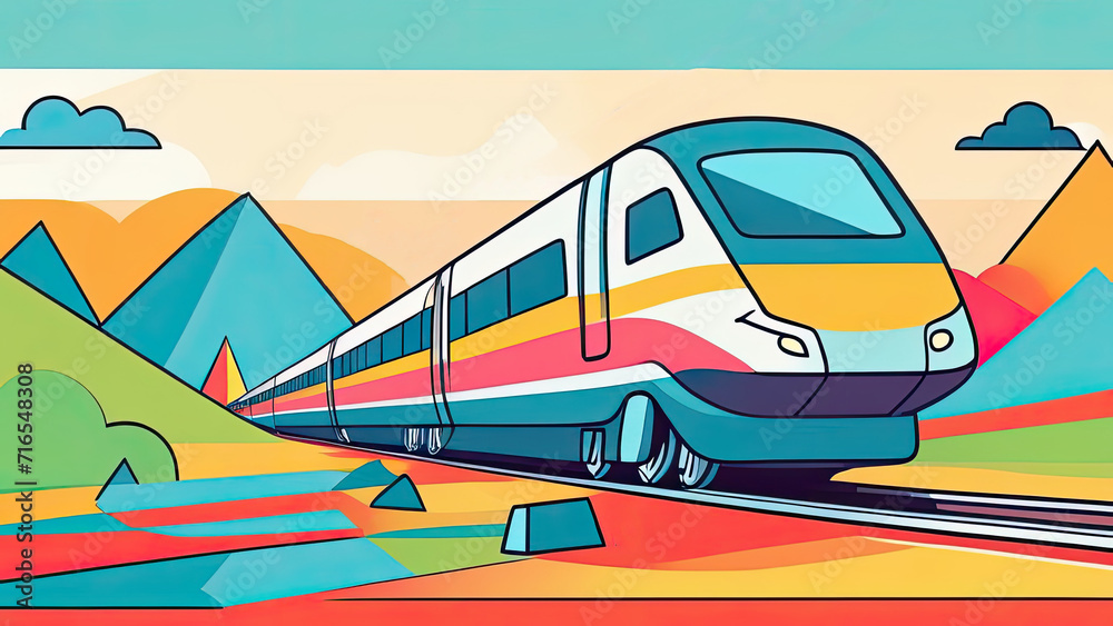 Poster with high-speed train on the mountains background. Travel and vacation lifestyle concept. Illustration in abstract style of cubism art
