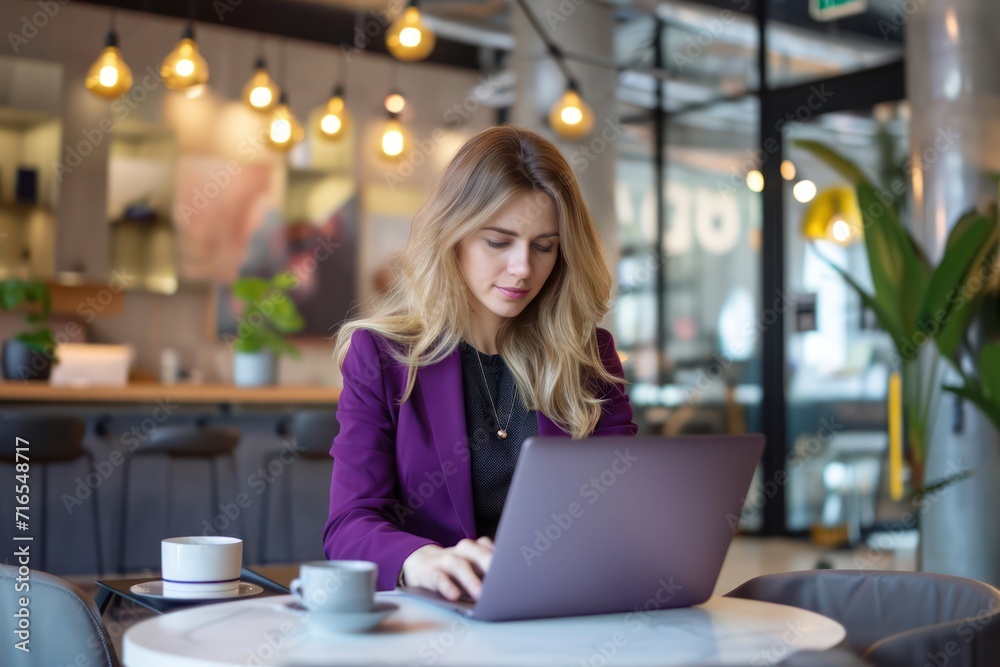 Female business employee in a purple suit uses a laptop