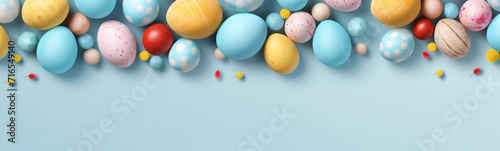 Osterbanner mit bemalten Eiern auf hellblauem Hintergrund. Draufsicht, flach gelegt mit Kopierraum