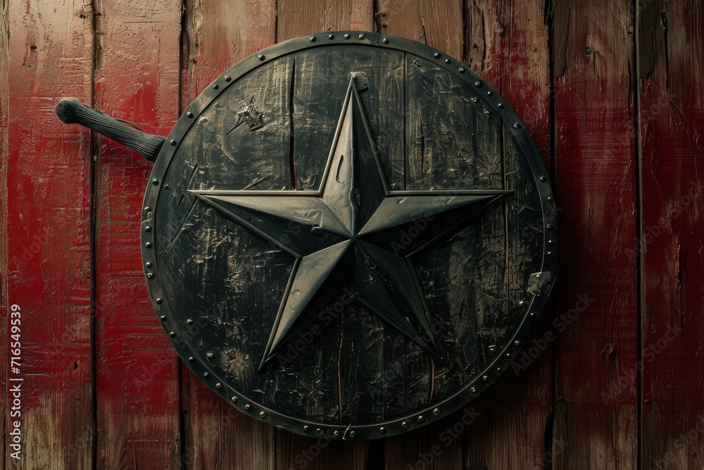 shield is round and has a large star emblem in the center shield is round and has a large star emblem in the center