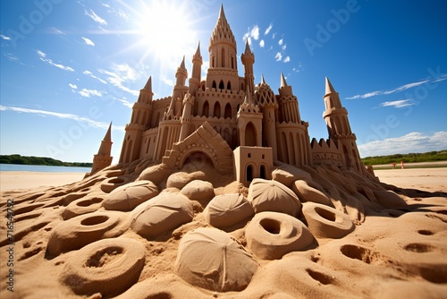 Majestic sand castle standing proudly on the beach shoreline under the blue sky