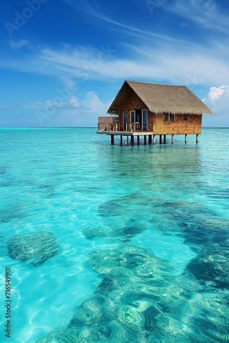 Beautiful tropical island paradise. Bungalow surrounded by turquoise ocean water © Darya Lavinskaya