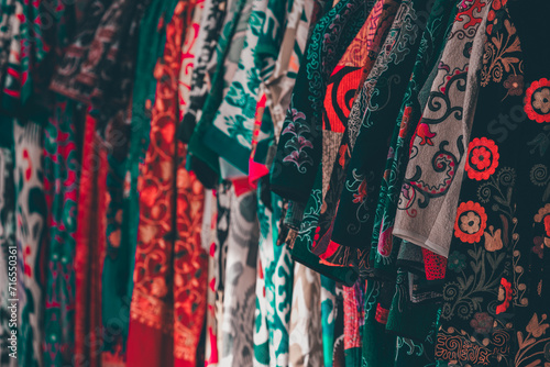 Traditional uzbek multicolored robes (caftan) in souvenir shop. Tashkent, Uzbekistan © Elena