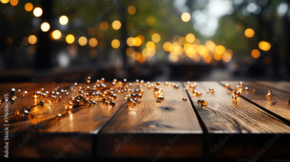 Glowing Ligh Wooden Table of Blur Background With Copy Space