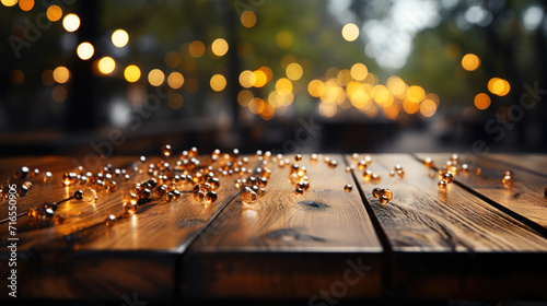 Glowing Ligh Wooden Table of Blur Background With Copy Space