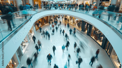 shopping mall full of people in motion, blurred people, shopping concept