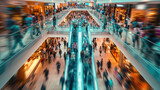 shopping mall full of people in motion, blurred people, shopping concept