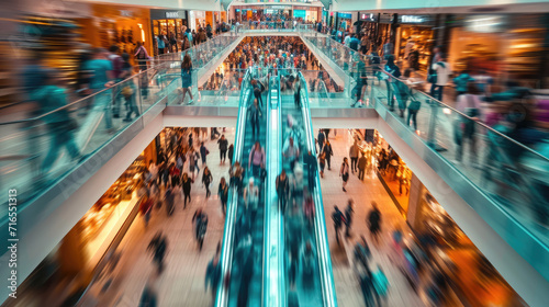 shopping mall full of people in motion, blurred people, shopping concept photo
