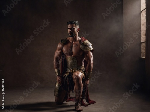 Man in Gladiator Costume Sitting on Chair. Generative AI.