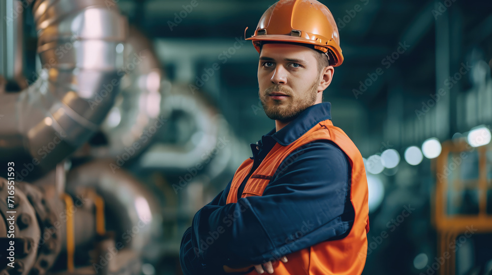 Portrait of Industry maintenance engineer man wearing uniform and safety hard hat on factory station. Industry, Engineer, construction concept Portrait of Industry maintenance engineer man wearing uniform and safety hard hat on factory station. Industry, Engineer, construction concept