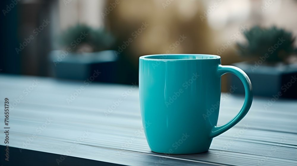 Balcony View of a cyan Mug on a wooden Table. Close up with a blurred Background Balcony View of a cyan Mug on a wooden Table. Close up with a blurred Background