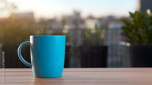 Balcony View of a cyan Mug on a wooden Table. Close up with a blurred Background
