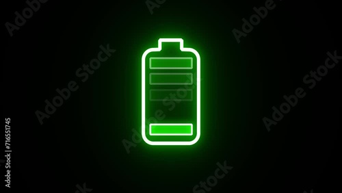 Neon battery fast charging animation, Glowing animated battery icon. Abstract sign of the neon battery charging on the black screen background.