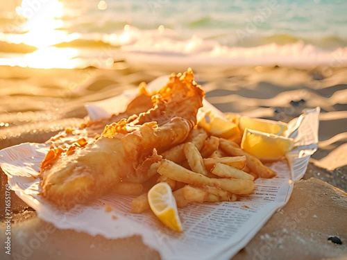 Delicious fish and chips takeaway meal in sunlight on the beach. The fish and chips are wrapped in newspaper with a lemon. Sunset seaside banner with copy space.	