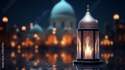 Islamic Ramadan Kareem, iftar festival or Eid Mubarak banner background with Arabic candle lantern with Mosque Silhouette dome in Panoramic twilight view © MiniRiz