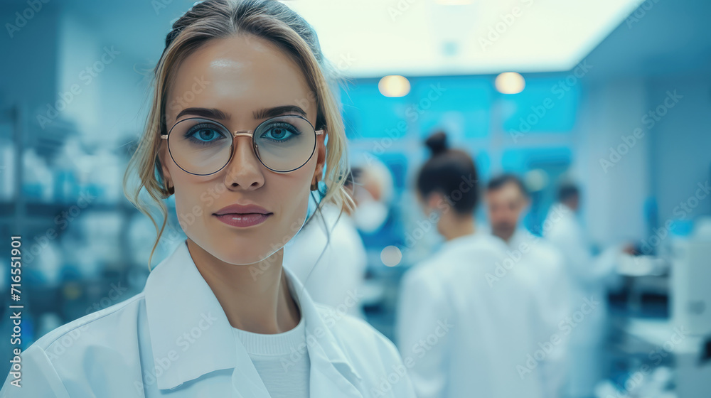Beautiful young woman scientist wearing white coat and glasses in modern Medical Science Laboratory with Team of Specialists on background Beautiful young woman scientist wearing white coat and glasses in modern Medical Science Laboratory with Team of Specialists on background