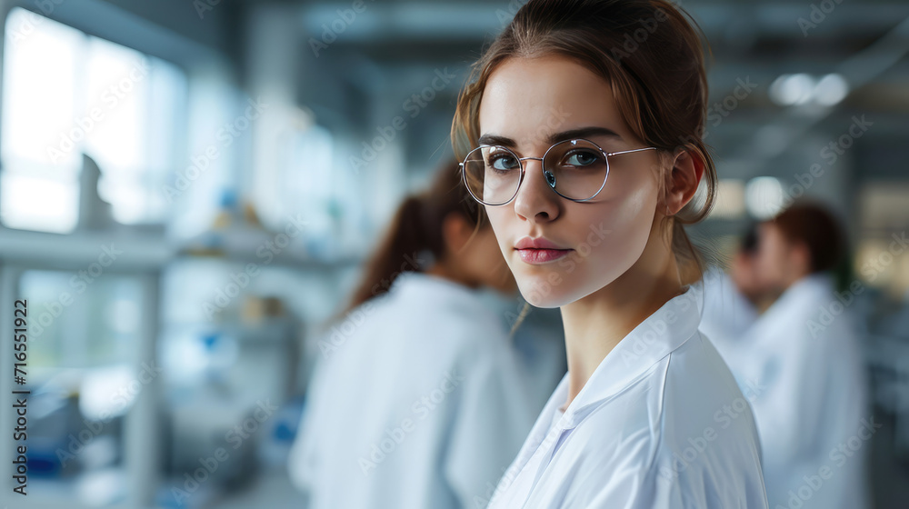Beautiful young woman scientist wearing white coat and glasses in modern Medical Science Laboratory with Team of Specialists on background Beautiful young woman scientist wearing white coat and glasses in modern Medical Science Laboratory with Team of Specialists on background