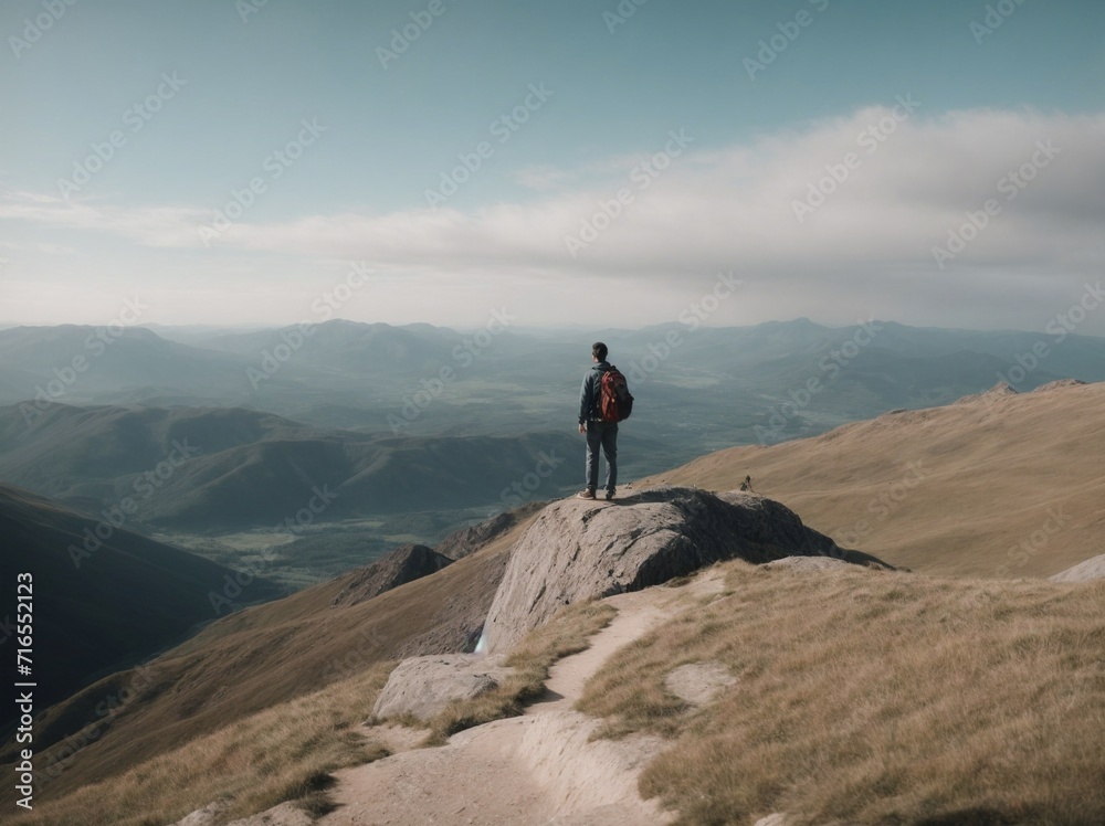 Man Standing on Top of Mountain With Backpack. Generative AI.